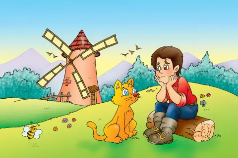 Un niño con botas y un gato naranja conversan cerca de un molino. Una abeja revolotea.