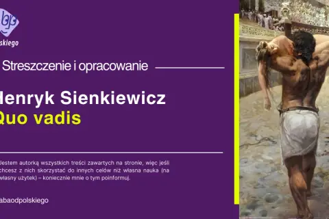 Obraz przedstawia scenę z powieści "Quo Vadis": mężczyzna niesie kobietę, w tle widać amfiteatr.