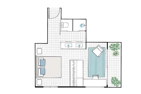 Plano de una habitación con cama, baño doble, ducha y balcón. Los metros cuadrados de esta habitación normal son ideales para una vida cómoda.