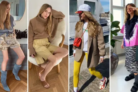 Kobiety prezentują modne stylizacje w skandynawskim stylu: od luźnych szortów po kolorowe wzory.