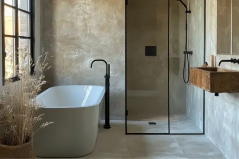 Elegante progetto bagno con vasca freestanding e doccia walk-in. Pareti effetto resina, lavabo in legno grezzo e dettagli neri.