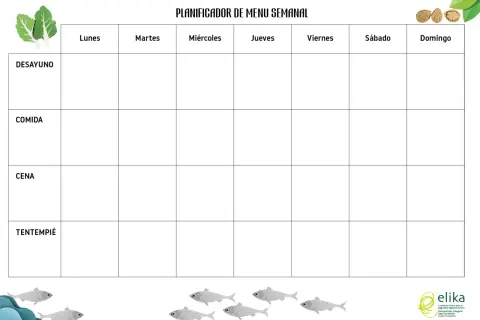 Planificador semanal para tu dieta ideal. Organiza desayunos, comidas, cenas y tentempiés de lunes a domingo.