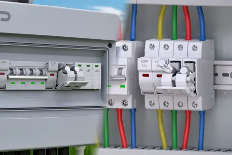 Boîtier électrique avec disjoncteurs et un fusible pour prise de courant, câbles colorés connectés.