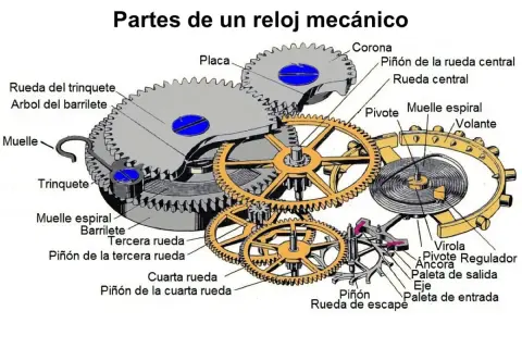Detalle del mecanismo reloj con engranajes, muelles y pivotes.