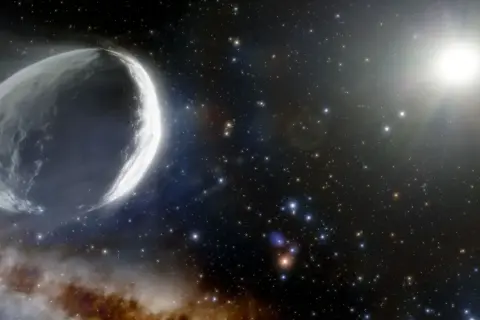 Un gros poisson comète taille adulte, illuminé par le soleil, traverse un champ d'étoiles et de nébuleuses.