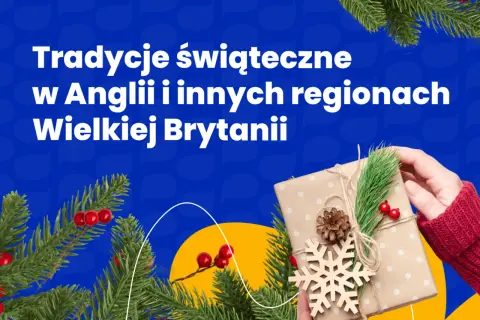 Święta w Anglii i Wielkiej Brytanii: prezent ozdobiony płatkiem śniegu i gałązką iglaków.