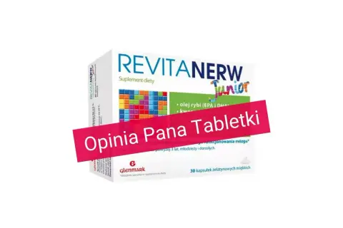 Opakowanie suplementu diety Revitanerw Junior z napisem "Opinia Pana Tabletki". Zawiera olej rybi i witaminy.