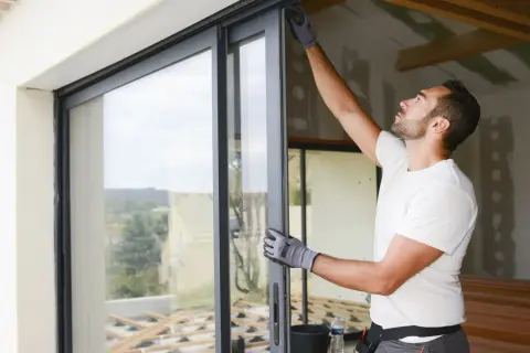 Un hombre con guantes ajusta un marco de ventana corredera. El proceso de como poner una ventana es detallado.