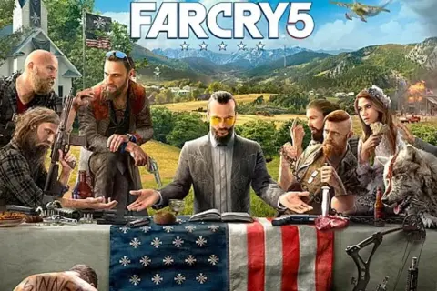 Rodzina Seedów przy stole, z bronią i wilkiem. Sprawdź far cry 5 wymagania, by zagrać w tę grę.