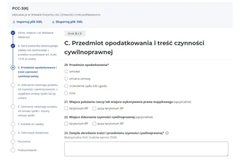 Formularz PCC-3(6) - C. Przedmiot opodatkowania i treść czynności cywilnoprawnej. Wybór typu czynności: umowa, zmiana umowy, orzeczenie sądu lub ugoda, inne.