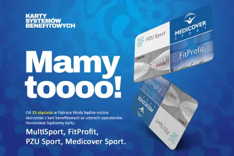 Karty MultiSport, FitProfit, PZU Sport i Medicover Sport na niebieskim tle z motywami wodnymi.