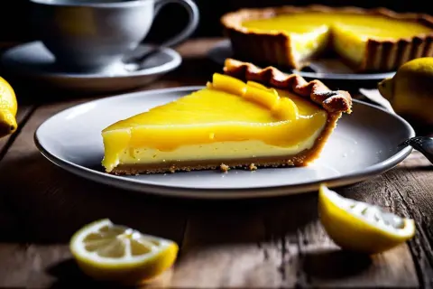 Une part de tarte au citron onctueuse, avec une garniture brillante et une croûte dorée, accompagnée de citrons frais et d'une tasse de café.