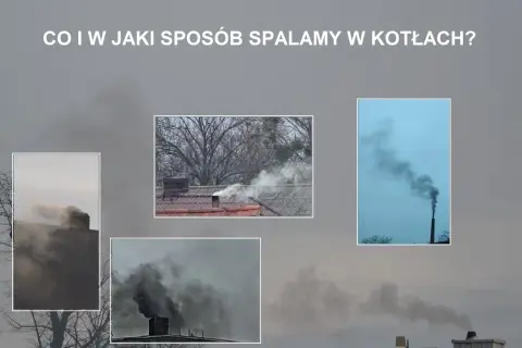 Dym z komina, biały i czarny, unosi się na tle pochmurnego nieba. Różne rodzaje dymu z komina pokazują różne sposoby spalania.