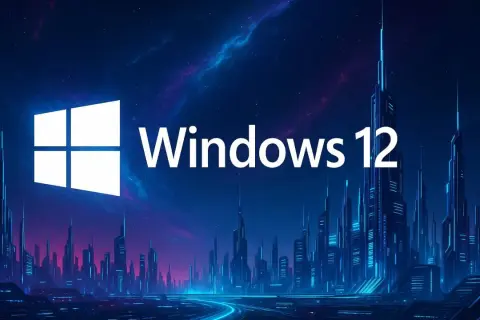 Futurystyczne miasto nocą, oświetlone neonami, z logo Windows 12 na tle kosmicznego nieba.