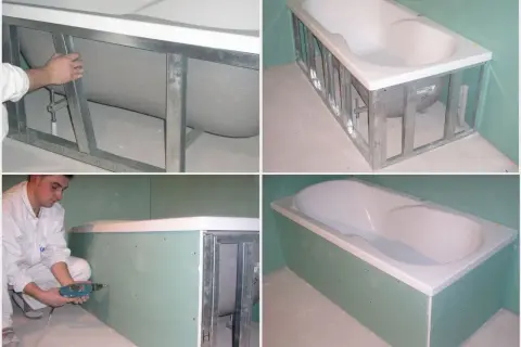 Montaż stelaża pod wannę i obudowy z płyt g-k. Wymiana syfonu w wannie zabudowanej to kluczowy etap prac.