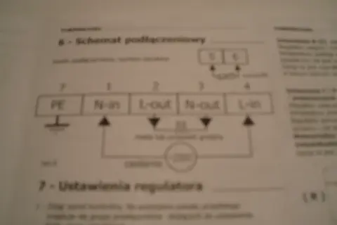 Schemat podłączeniowy sterownika Thermoval. Instrukcja pokazuje połączenia PE, N-in, L-out, N-out, L-in.
