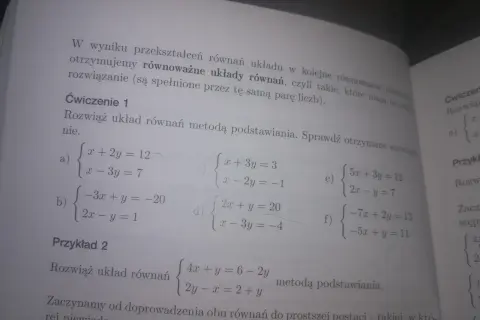 Ćwiczenie 1: Rozwiąż układ równań metodą podstawiania. Przykłady a-f pokazują różne układy równań liniowych.