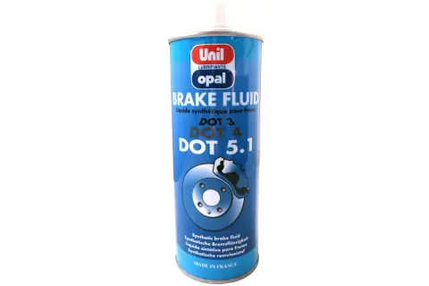 Bidon de liquide de frein synthétique Unil Opal, compatible DOT 4 ou DOT 5.1, avec illustration de disque de frein. Fabriqué en France.