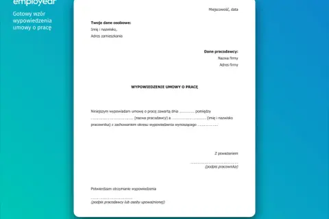 Gotowy wzór wypowiedzenia umowy o pracę. Dokument zawiera pola na dane pracownika, pracodawcy i treść oświadczenia, jak złożyć wypowiedzenie.