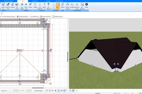 Grundriss und 3D-Ansicht eines Hauses mit Satteldach. Die Traufseite des Hauses ist im 3D-Modell sichtbar.