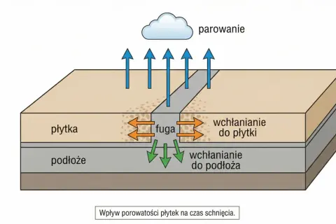 Ilustracja pokazuje, czy fuga ceramiczna przepuszcza wodę. Strzałki wskazują wchłanianie wody przez płytki i podłoże.