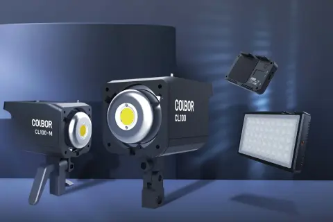 COLBOR CL100 and CL100-M continuous light units, plus a smaller panel light and a battery. A visual comparison of continuous light vs flash.