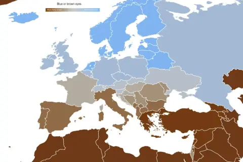 Mapa Europy i Bliskiego Wschodu pokazująca rozkład koloru oczu. Brązowy kolor dominuje na południu i wschodzie, wskazując, że tam najwięcej ludzi ma brązowe oczy.