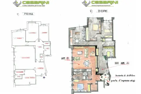 Pianta "prima" e "dopo" di frazionamento appartamento in condominio. La prima mostra un'unica unità, la seconda due appartamenti distinti.