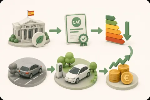Proceso para que alguien ha cobrado el Plan MOVES 3: Edificio MITECO, certificado CAE, coche viejo contaminando, coche eléctrico cargando y monedas de euro.