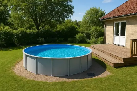 En härlig sommardag med en ovan markpool som inbjuder till bad. En altan leder smidigt upp till huset. Perfekt för att bygga in pool ovan mark.