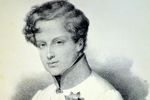 Portrait en buste d'un jeune homme aux cheveux bouclés, portant un uniforme orné d'une étoile. Il s'agit d'un fils de Napoléon Bonaparte.