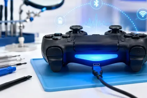 Czarny pad Xbox podłączony kablem, z ikonami Bluetooth, Wi-Fi i baterii.