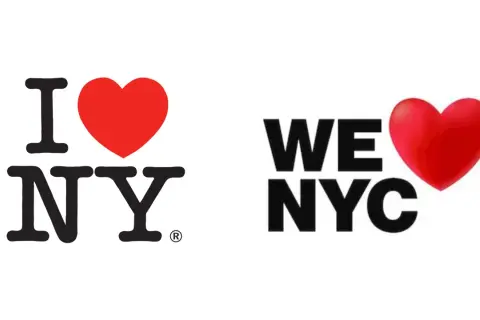 The iconic "I love NY logo" is shown next to a "We NYC" logo, both featuring a red heart and bold lettering.