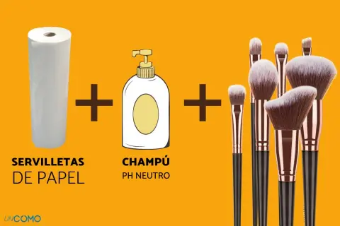Rutina para limpiar brochas de maquillaje: servilletas de papel + champú pH neutro + brochas.
