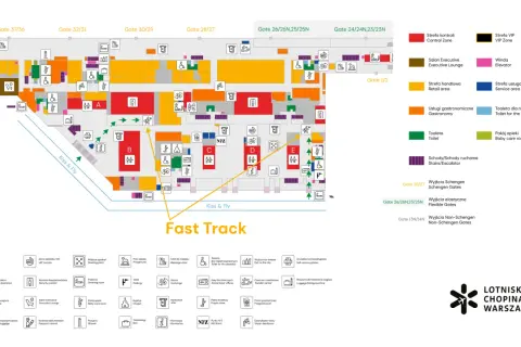 Mapa lotniska z zaznaczoną strefą "Fast Track" i legendą.