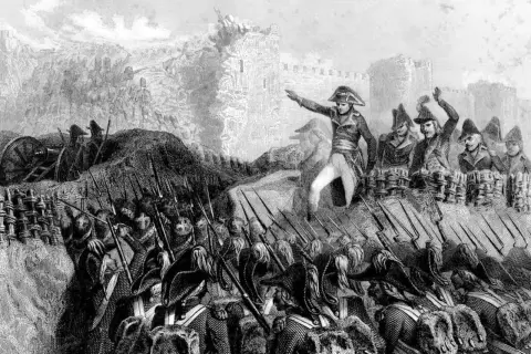 Napoléon, pointant du doigt, mène ses troupes au combat. Combien de bataille a gagné Napoléon ? L'image montre une scène de guerre avec des soldats et un canon.