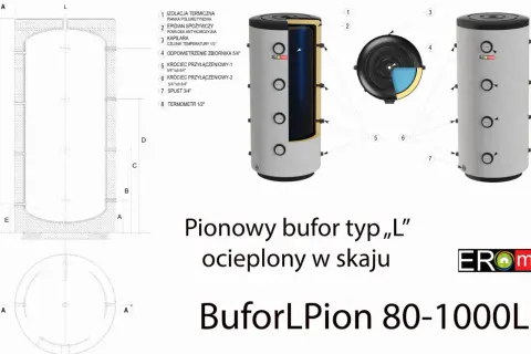 Schemat pionowego bufora typu „L” ocieplonego w skaju. Wymiary bufora 500l są widoczne na rysunku technicznym.