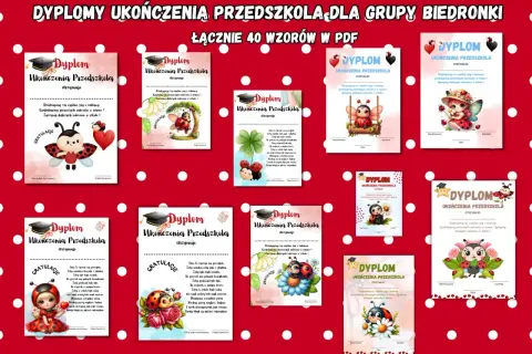 Dyplomy ukończenia przedszkola w Polsce dla grupy Biedronki. Urocze grafiki z biedronkami i kwiatami.