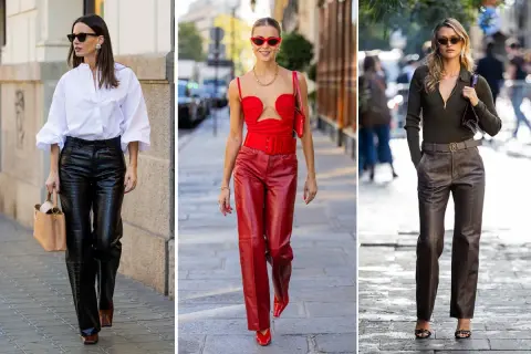 Tre donne sfoggiano un outfit con pantaloni di pelle larghi: neri con camicia bianca, rossi total look, e marroni con top scuro.