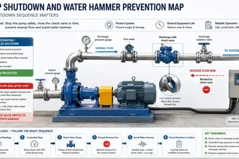 Diagrama de una bomba de agua que se calienta y se apaga. Muestra el flujo normal, el riesgo de flujo inverso y la lógica de parada para evitar daños.