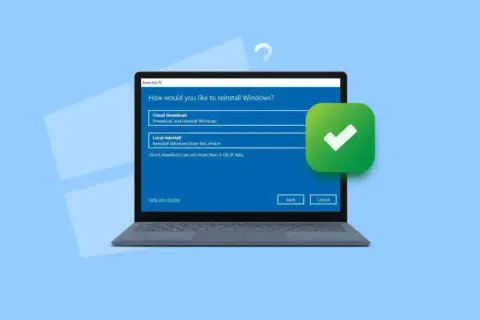 Ekran wyboru opcji reinstalacji systemu Windows. Dowiedz się, jak odblokować komputer, wybierając pobieranie z chmury lub lokalną reinstalację.