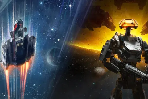 Robot z bronią na tle kosmosu i statku kosmicznego. Zapowiedź **starfield dlc**.