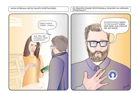 Kobieta w sklepie spożywczym z oburzeniem zwraca się do sprzedawcy, który ma na ubraniu znaczek "Mam zespół Tourette'a".