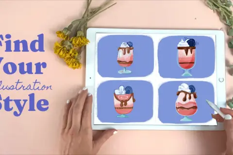 Tablet displaying four different illustration styles of desserts, with text "Find Your Illustration Style" on the left.