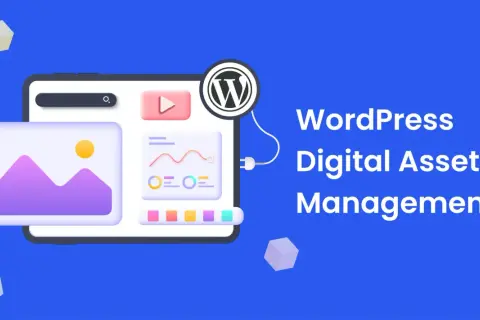 Illustration of a tablet displaying media and analytics, connected to the WordPress logo, representing WordPress digital asset management.