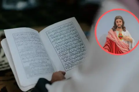 Otwarta księga z arabskim pismem obok wizerunku Jezusa. Islam uznaje Jezusa za proroka, ale nie za syna Bożego.