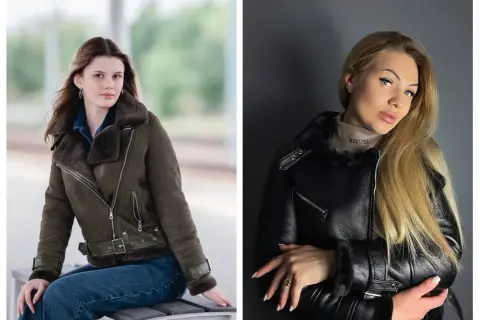 Dwie kobiety w stylowych kożuchach. Jedna w oliwkowym, druga w czarnym, obie prezentują się elegancko.