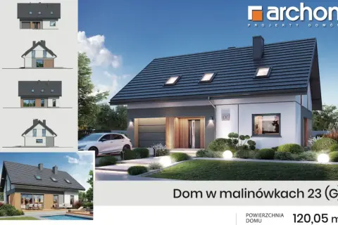 Nowoczesny dom z garażem i basenem. Projekt "Dom w malinówkach 23 (G)" o powierzchni 120,05 m², idealny dla rodziny. Sprawdź koszty budowy domu.