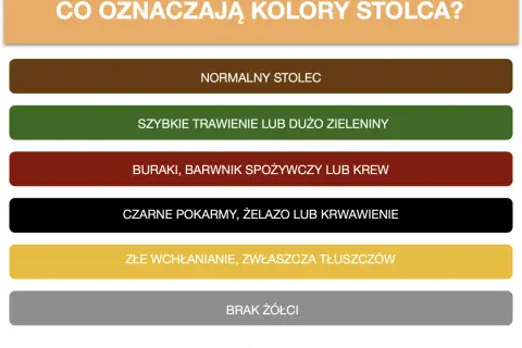 Grafika przedstawia paletę kolorów stolca z opisami: brązowy - normalny, zielony - szybkie trawienie, czerwony - buraki/krew, czarny - żelazo/krwawienie, żółty - złe wchłanianie, szary - brak żółci.