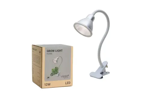 En vit LED-växtlampa med klämma och en kartong för "GROW LIGHT FLEXIA". Perfekt för att ge dina växter rätt ljus, som en timer till lampor.